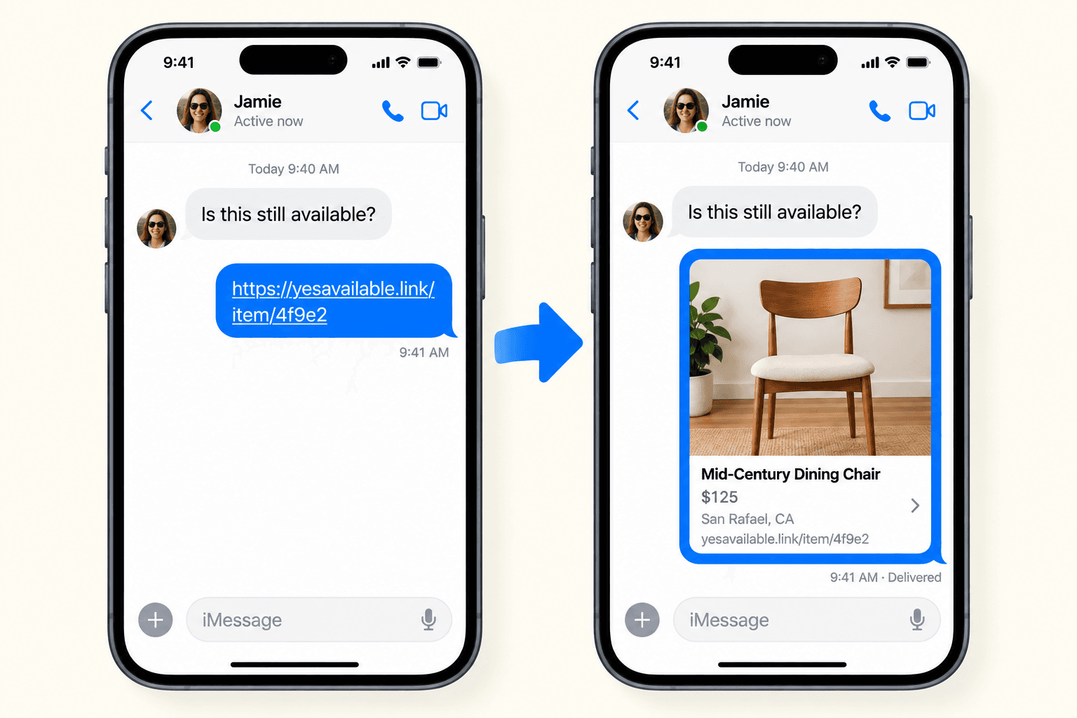 An iMessage conversation where the yesavailable.link URL expands into a rich product card