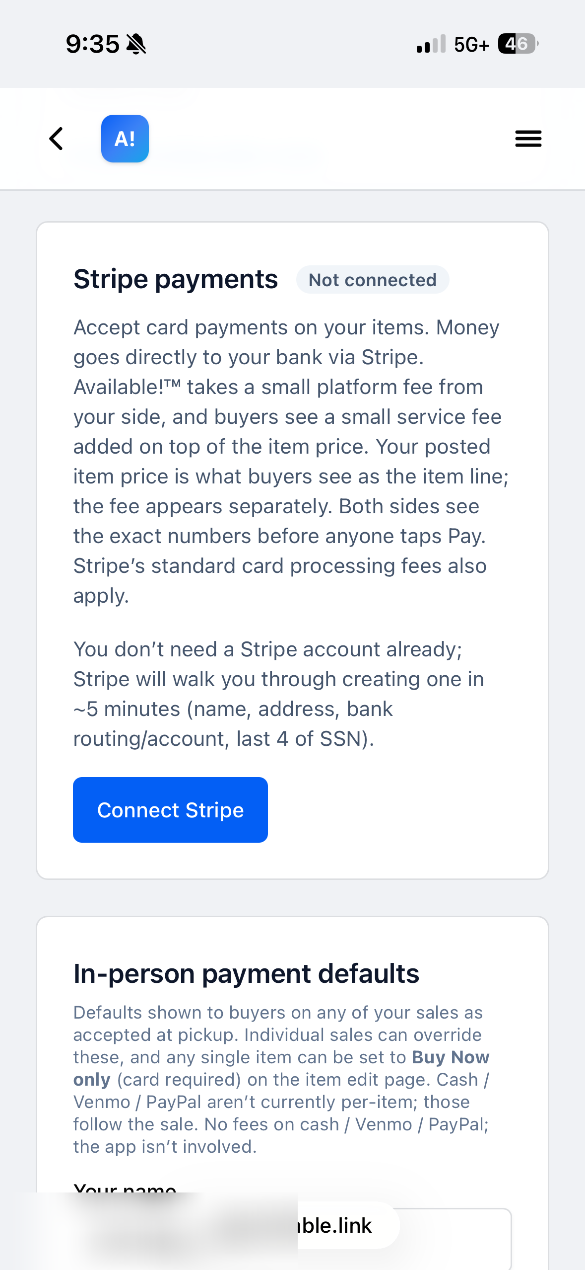 Available!™ settings page showing the "Stripe payments · Not connected" card with a blue Connect Stripe button