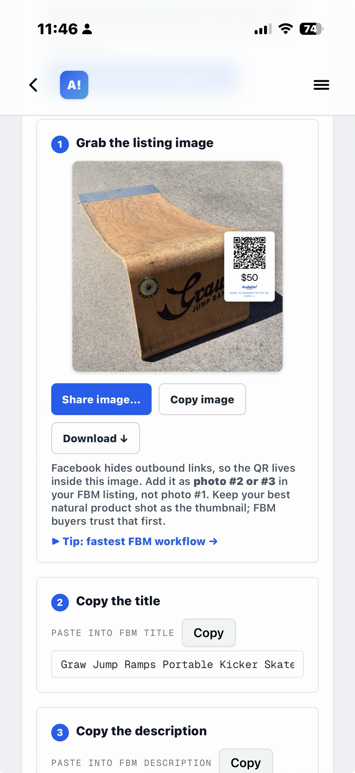 Share page showing the numbered "Grab the listing image" step with an inline preview of the mobile scan-to-buy image (product photo with a center-right QR + price card), the Share / Copy / Download buttons, and the "add as photo #2 or #3" guidance below