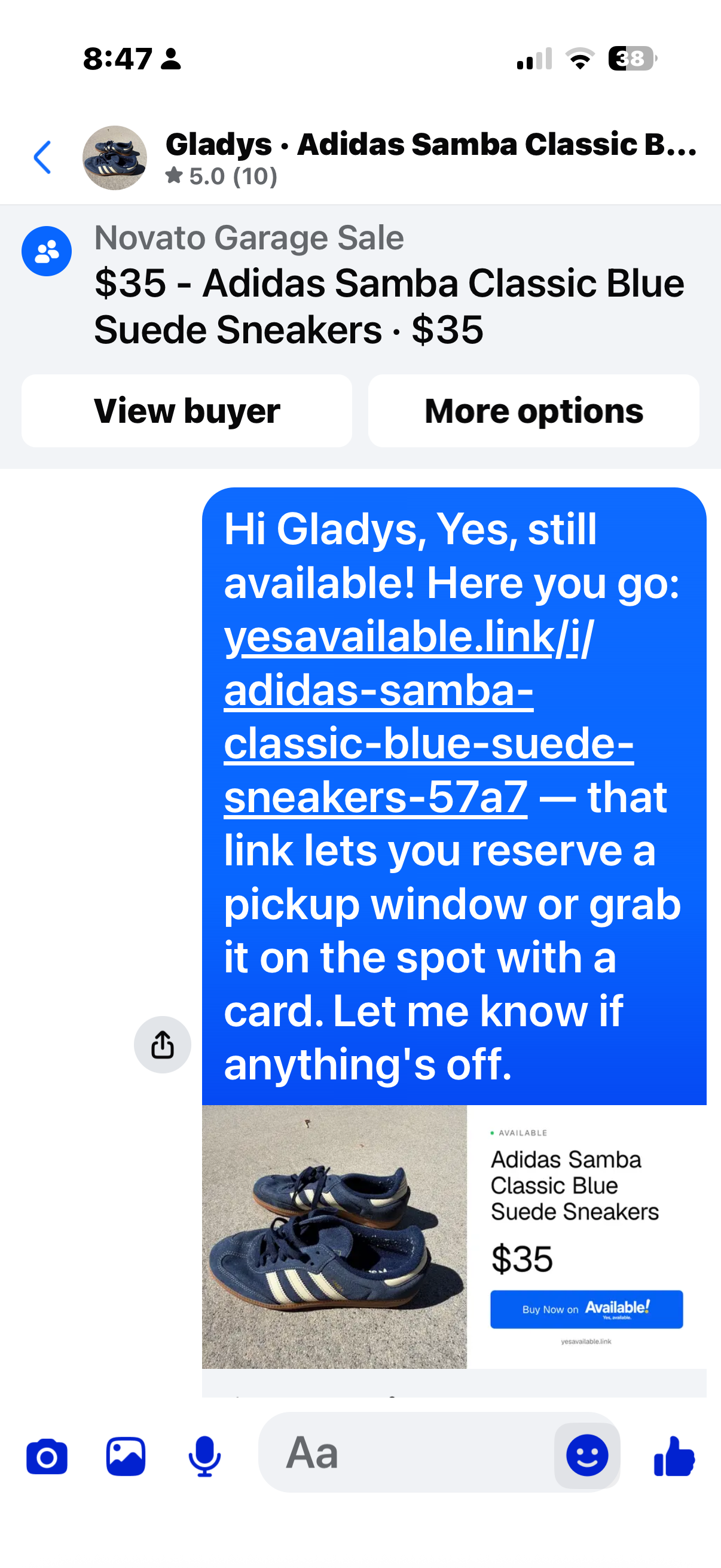 iPhone Messenger showing the pasted Available!™ reply link expanded into a rich preview card with the product photo, name, and price