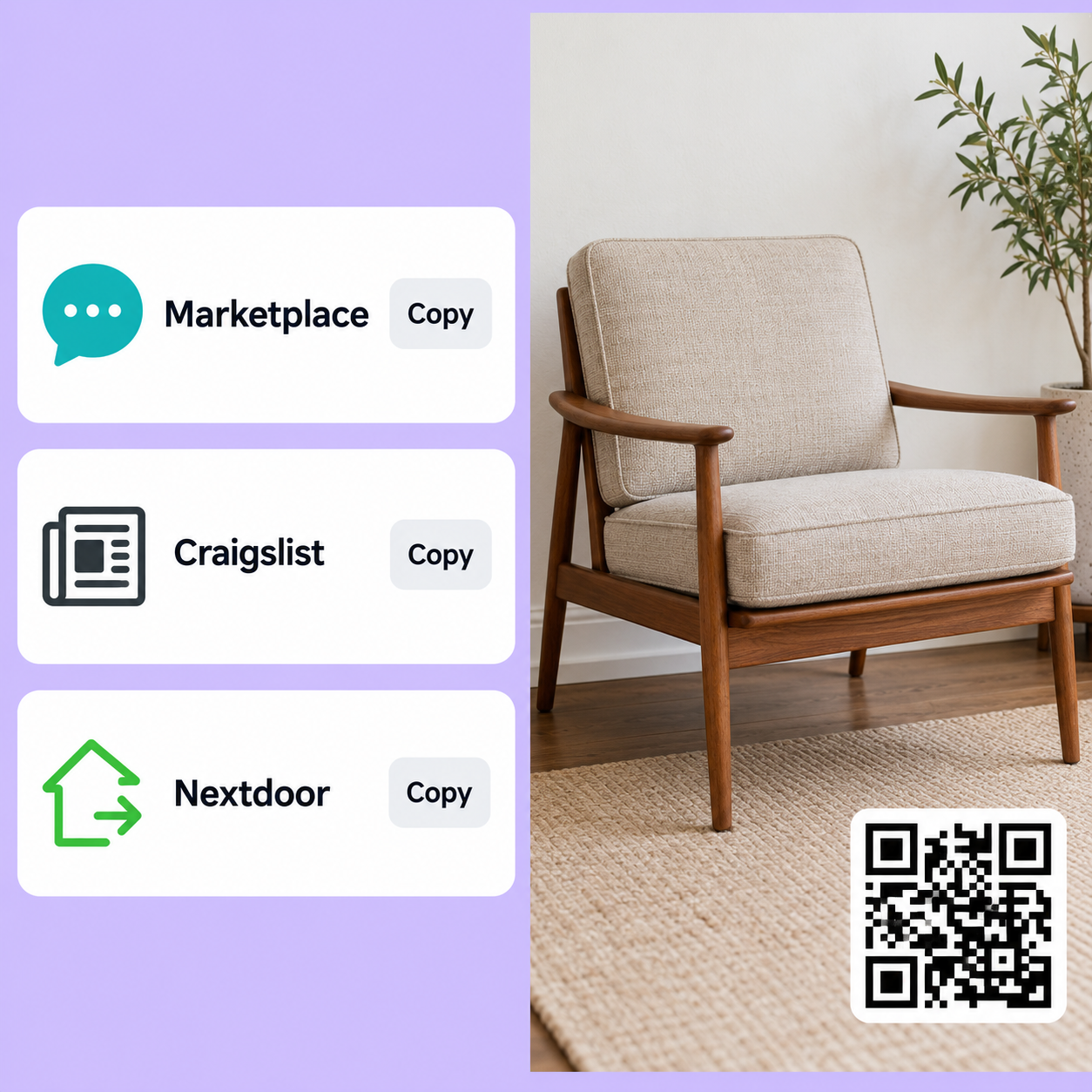 Paste-ready titles + descriptions for Marketplace, Craigslist, Nextdoor + QR baked into product photo