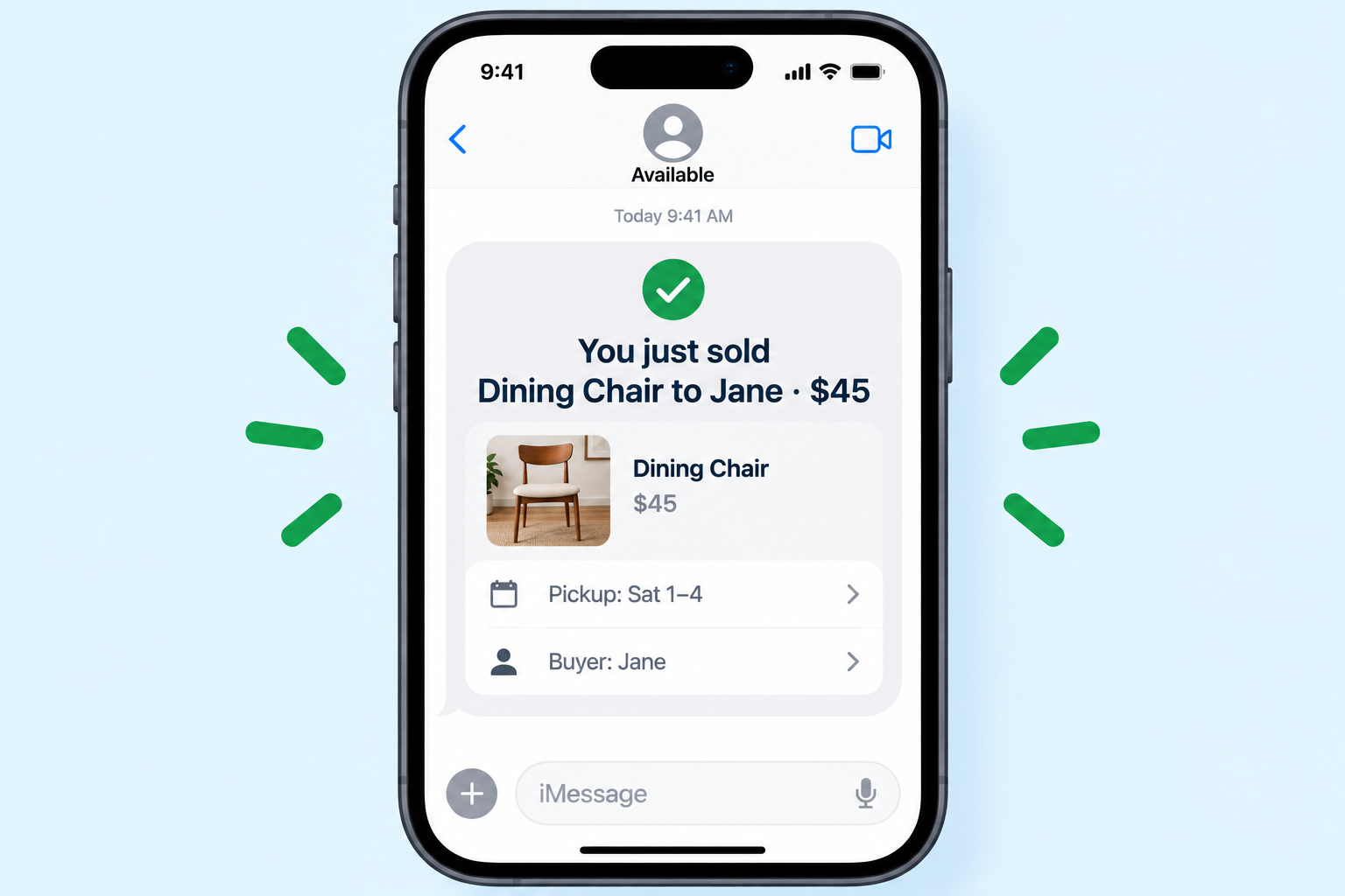iPhone SMS: "You just sold [item] to [buyer] · $[price]" with pickup window + buyer chip